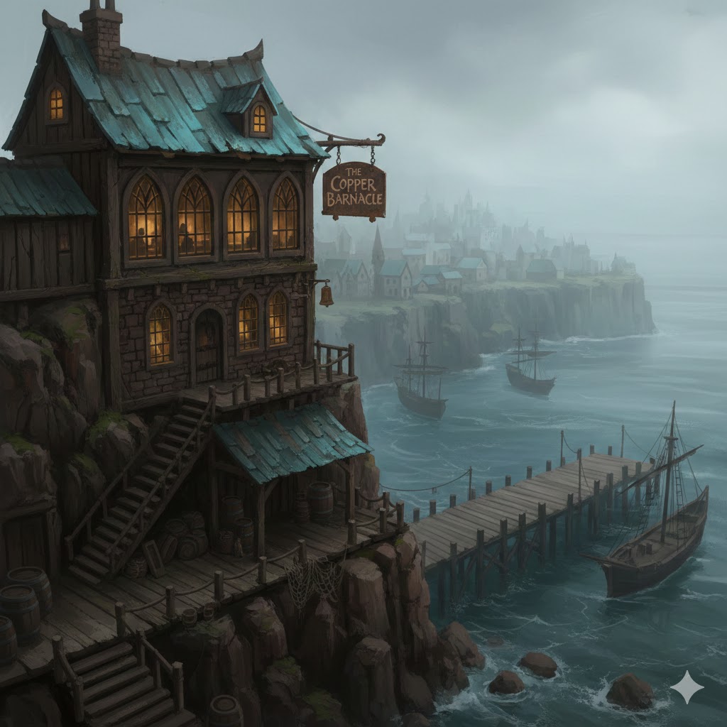 The Copper Barnacle tavern perched on the cliffs above Saltmarsh harbor