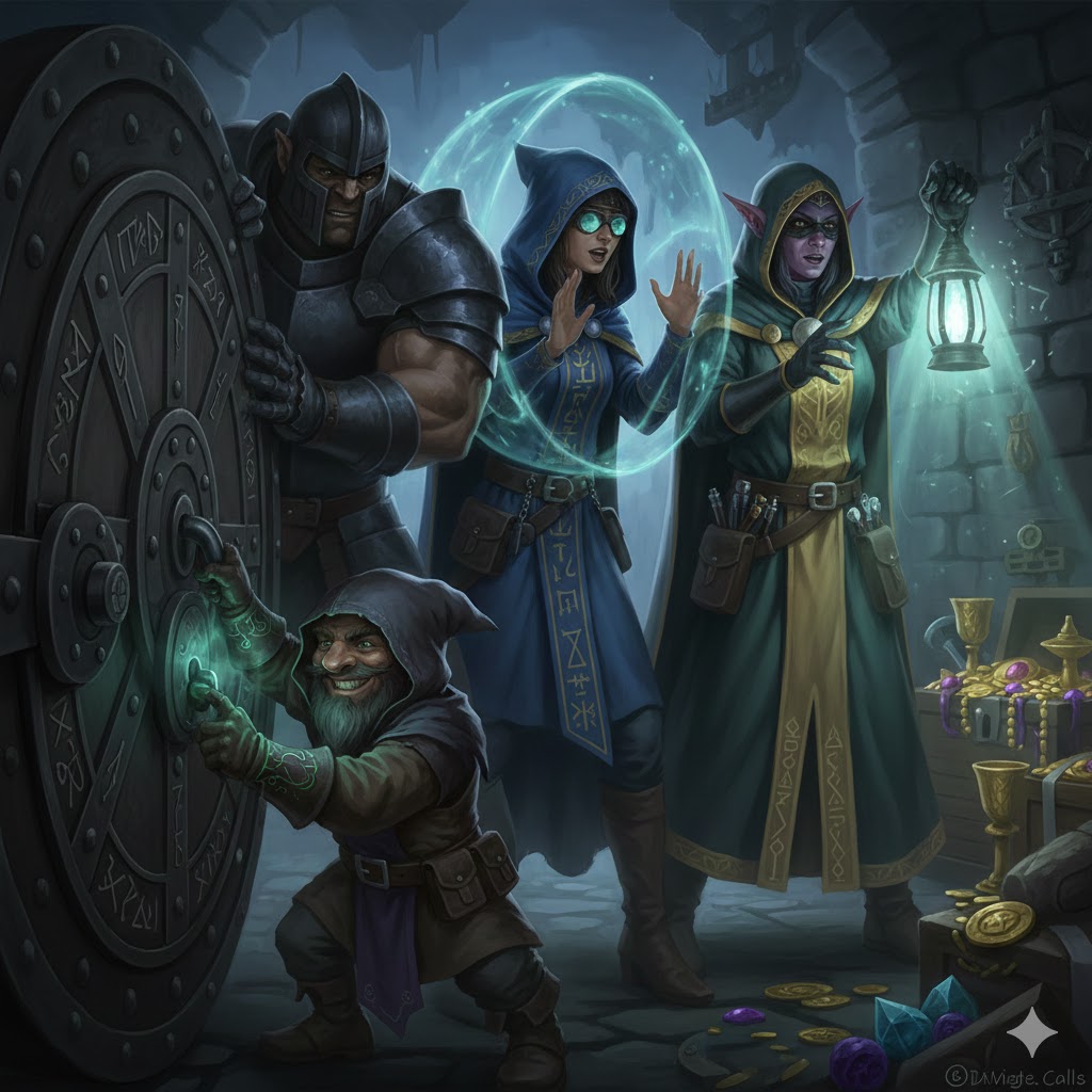 A crew of specialists standing before a massive vault door