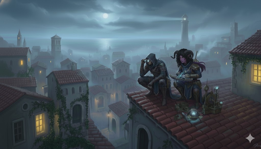 Two thieves scouting from a rooftop at night