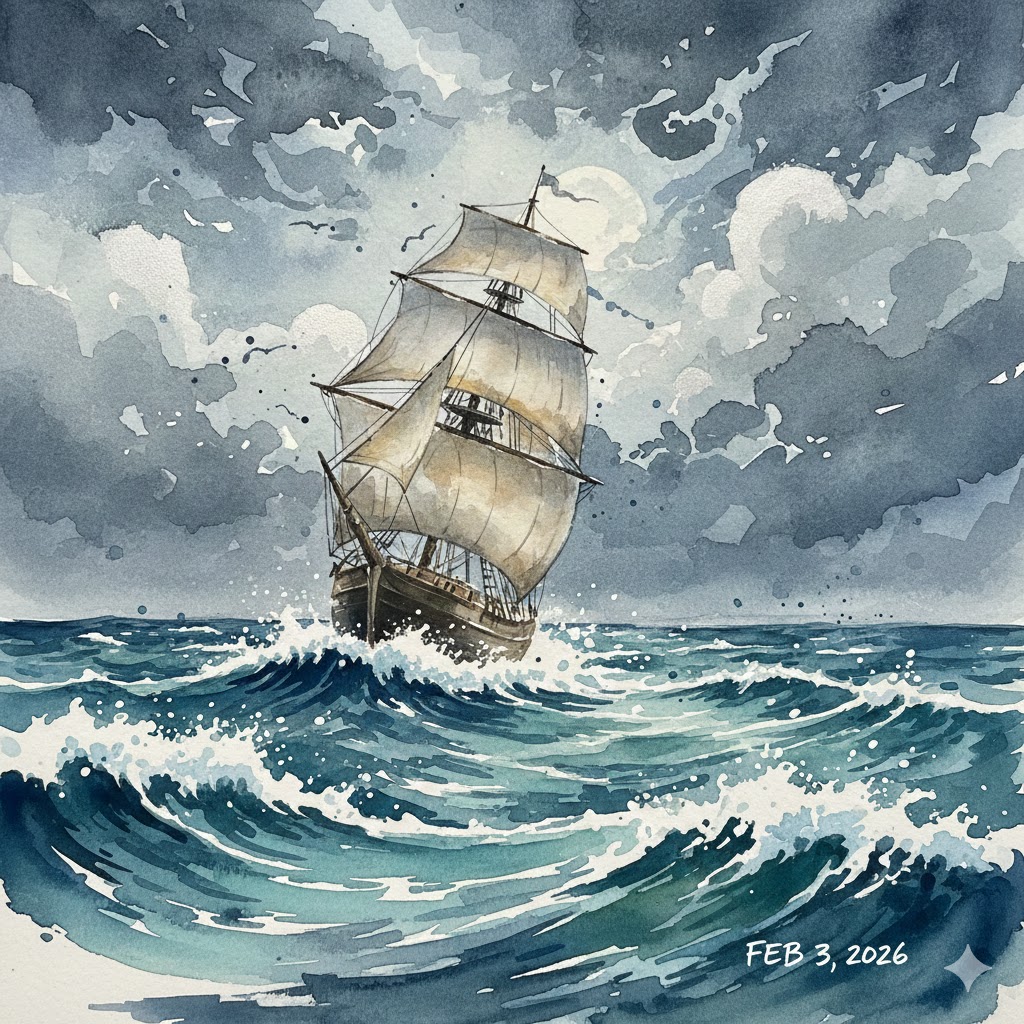 A tall ship sailing through stormy seas