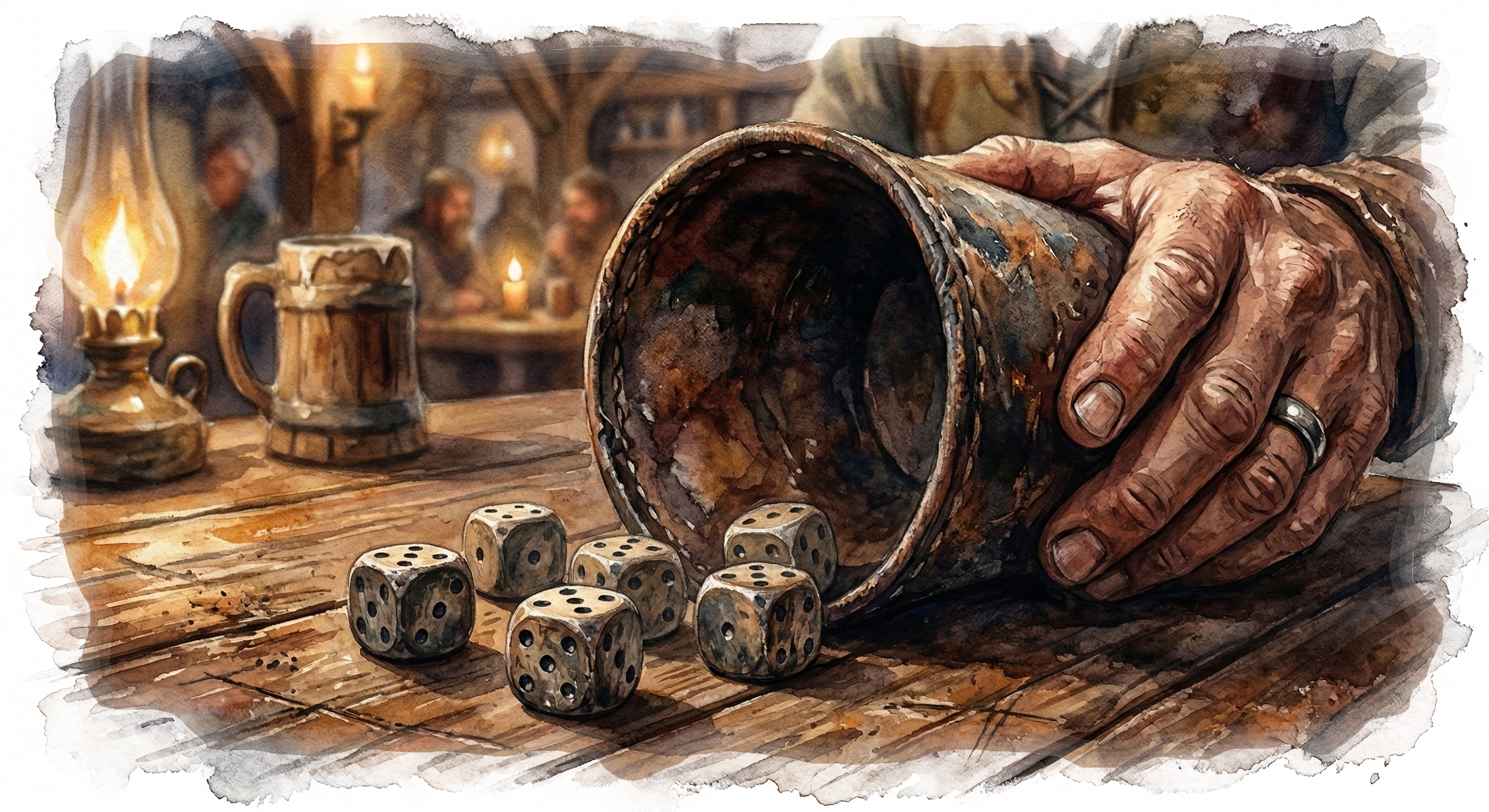 Liar's dice being played in a tavern